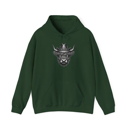 Forest green Highland cow cowboy hat hoodie with vintage engraved cow in a sheriff hat
