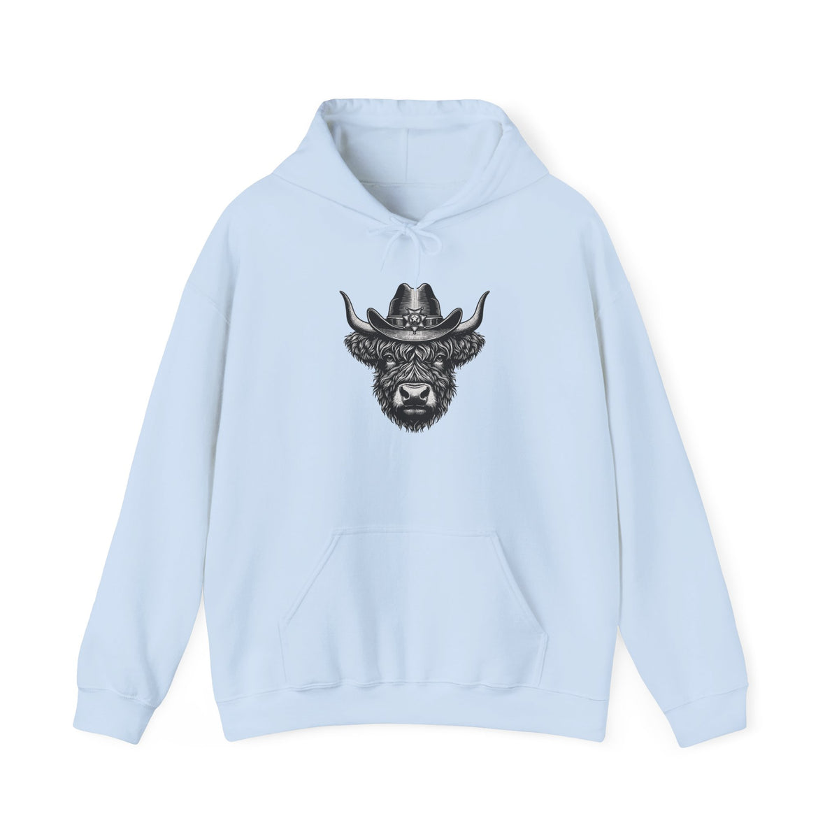 Light blue Highland cow cowboy hat hoodie with vintage engraved cow in a sheriff hat