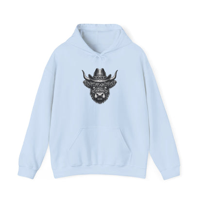 Light blue Highland cow cowboy hat hoodie with vintage engraved cow in a sheriff hat