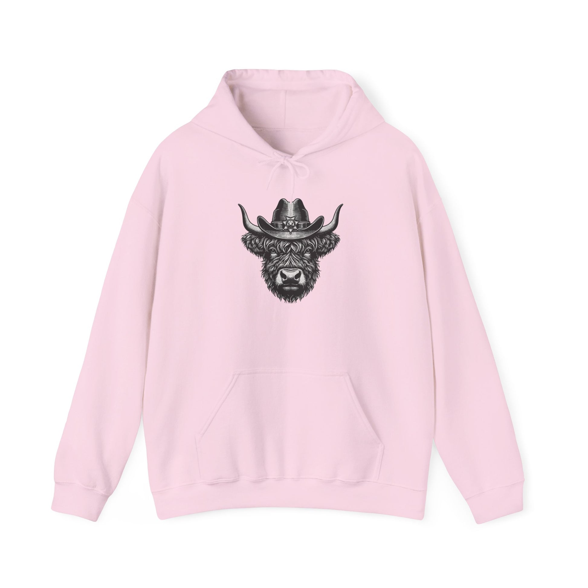 Light pink Highland cow cowboy hat hoodie with vintage engraved cow in a sheriff hat