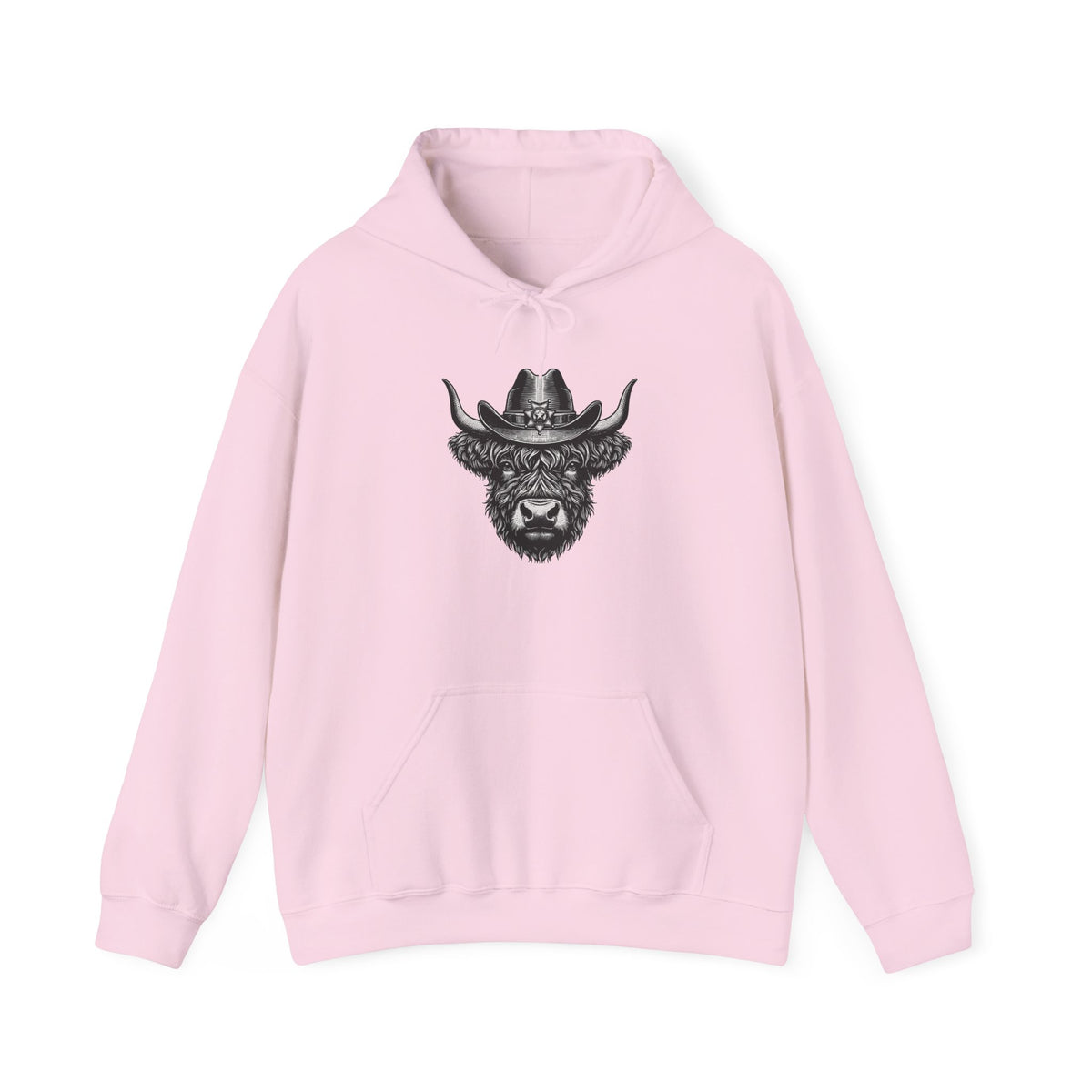 Light pink Highland cow cowboy hat hoodie with vintage engraved cow in a sheriff hat