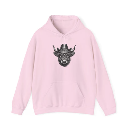 Light pink Highland cow cowboy hat hoodie with vintage engraved cow in a sheriff hat