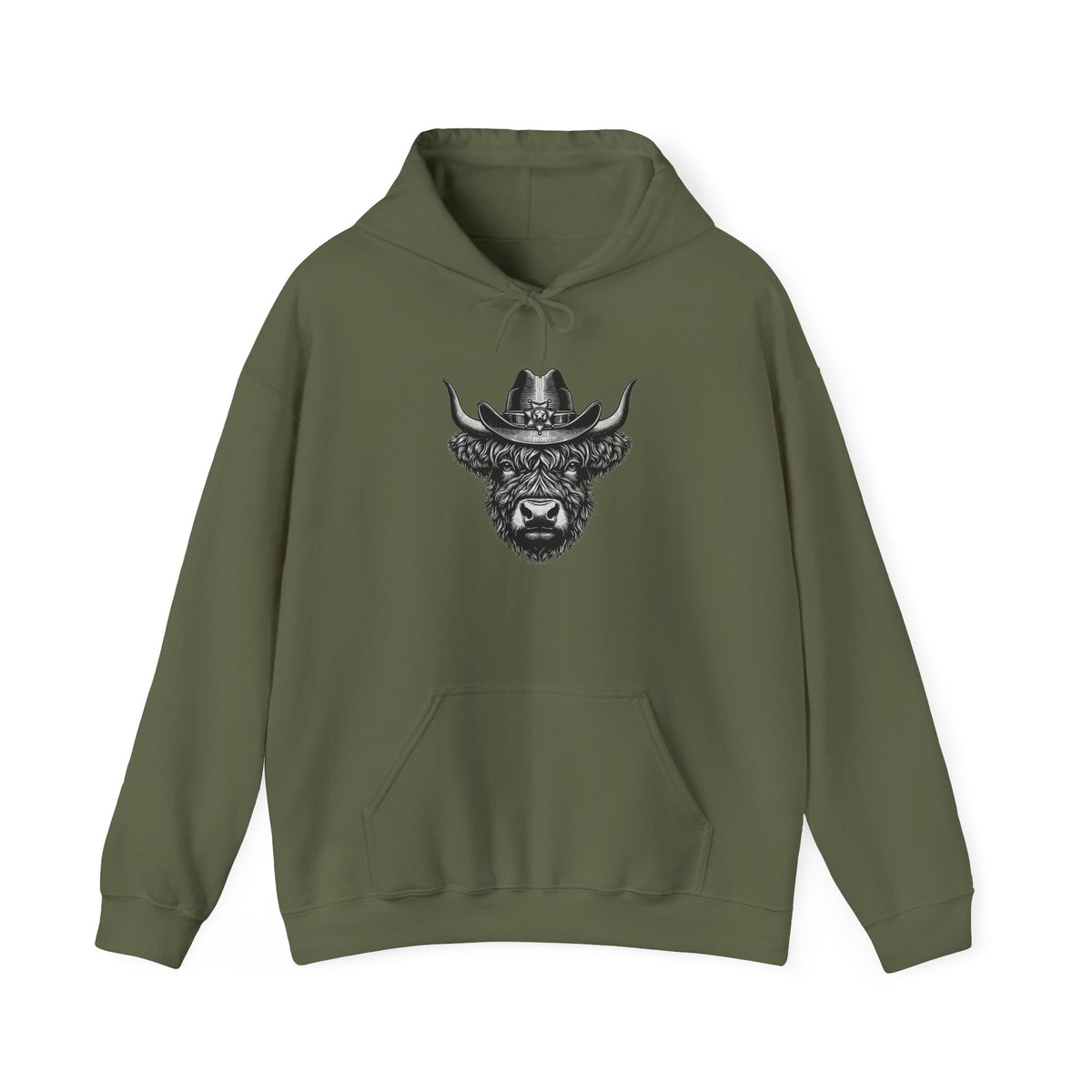 Military green Highland cow cowboy hat hoodie with vintage engraved cow in a sheriff hat