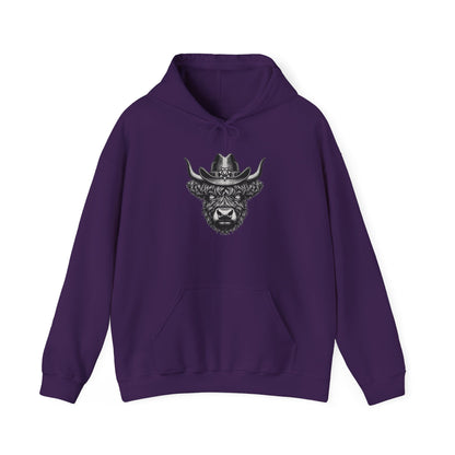 Purple Highland cow cowboy hat hoodie with vintage engraved cow in a sheriff hat