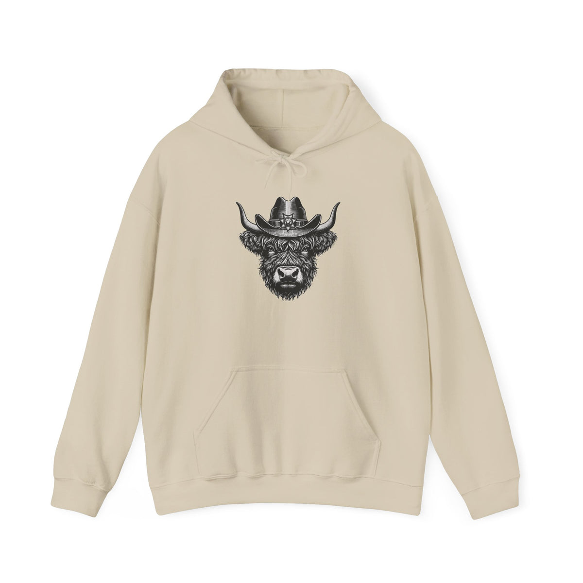 Sand Highland cow cowboy hat hoodie with vintage engraved cow in a sheriff hat