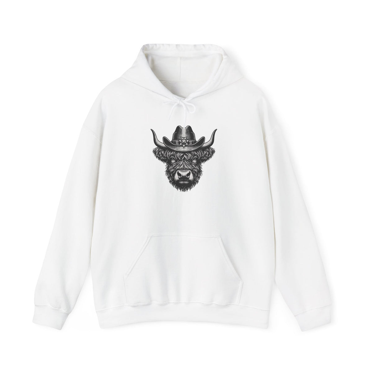 White Highland cow cowboy hat hoodie with vintage engraved cow in a sheriff hat
