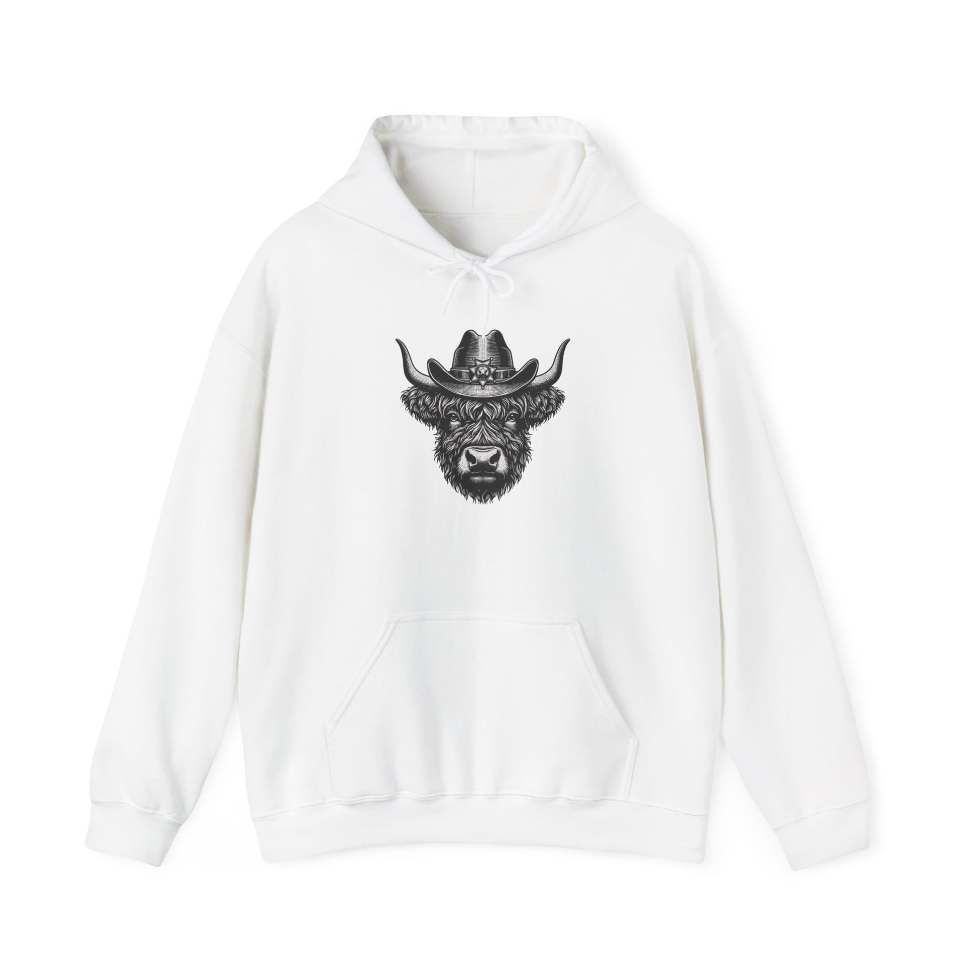 White Highland cow cowboy hat hoodie with vintage engraved cow in a sheriff hat