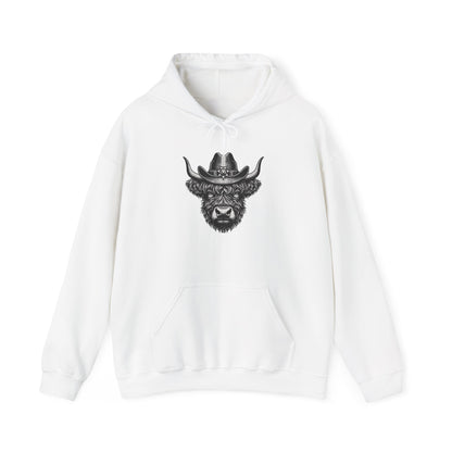 White Highland cow cowboy hat hoodie with vintage engraved cow in a sheriff hat