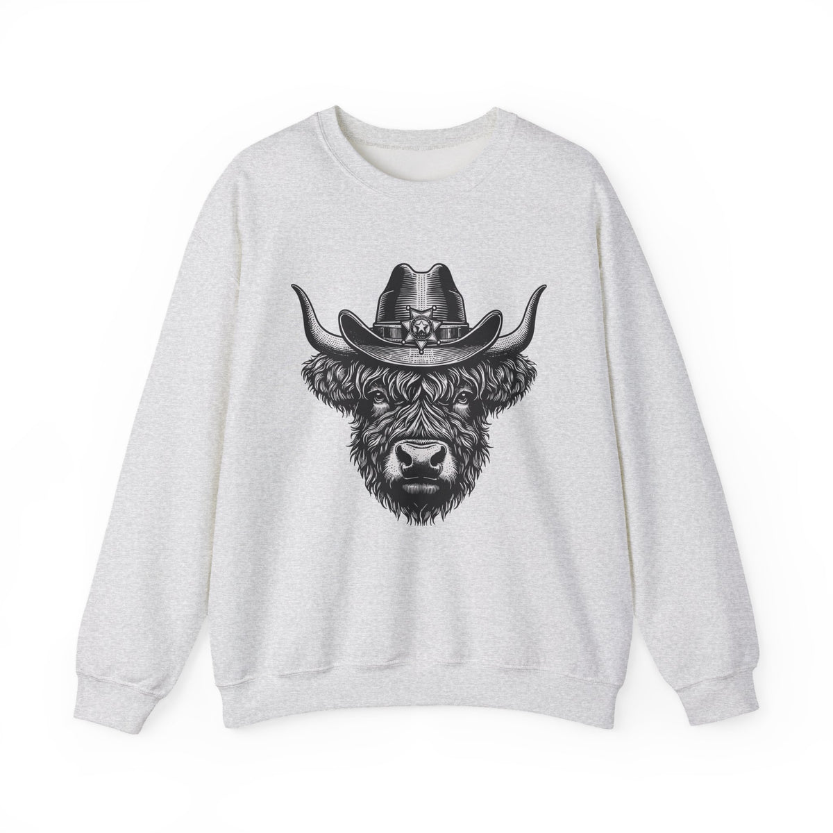 Ash grey Highland cow cowboy hat sweatshirt with vintage engraved cow in a sheriff hat
