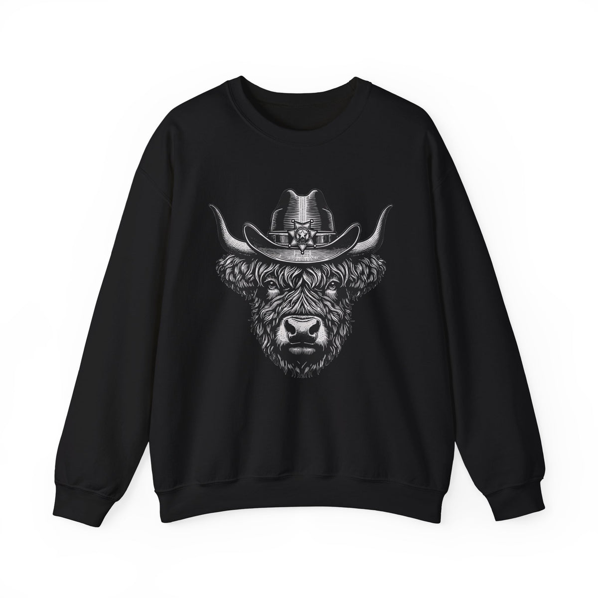 Black Highland cow cowboy hat sweatshirt with vintage engraved cow in a sheriff hat