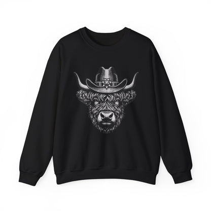 Black Highland cow cowboy hat sweatshirt with vintage engraved cow in a sheriff hat