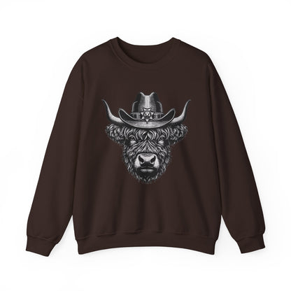 Dark chocolate Highland cow cowboy hat sweatshirt with vintage engraved cow in a sheriff hat