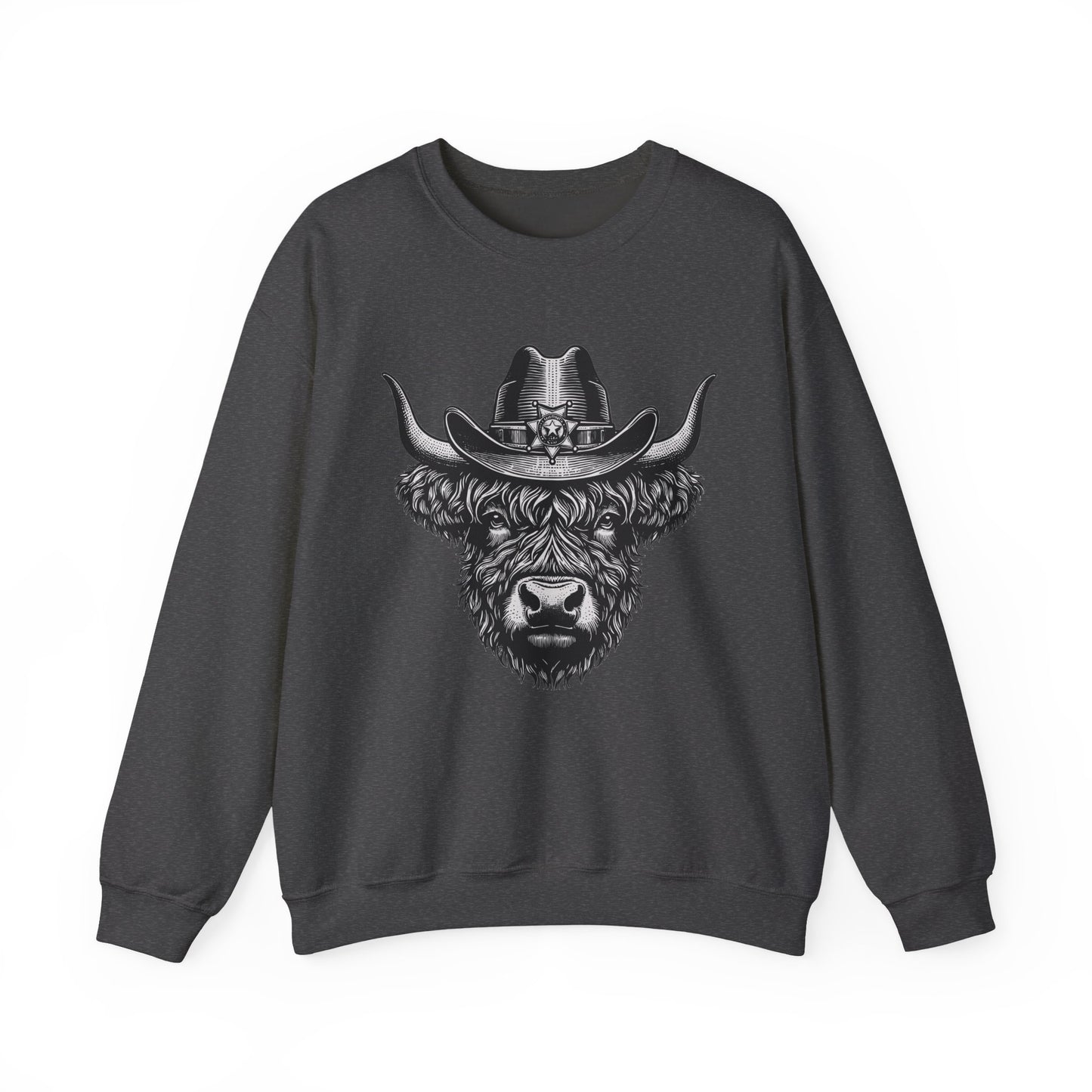 Dark heather Highland cow cowboy hat sweatshirt with vintage engraved cow in a sheriff hat