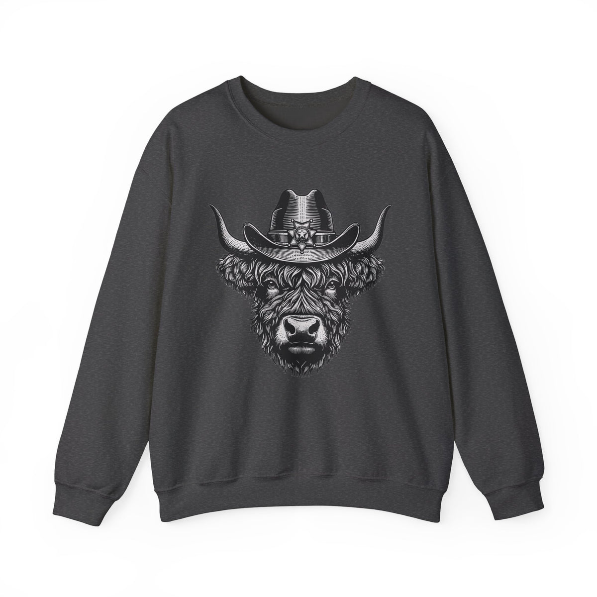 Dark heather Highland cow cowboy hat sweatshirt with vintage engraved cow in a sheriff hat