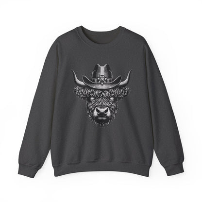 Dark heather Highland cow cowboy hat sweatshirt with vintage engraved cow in a sheriff hat