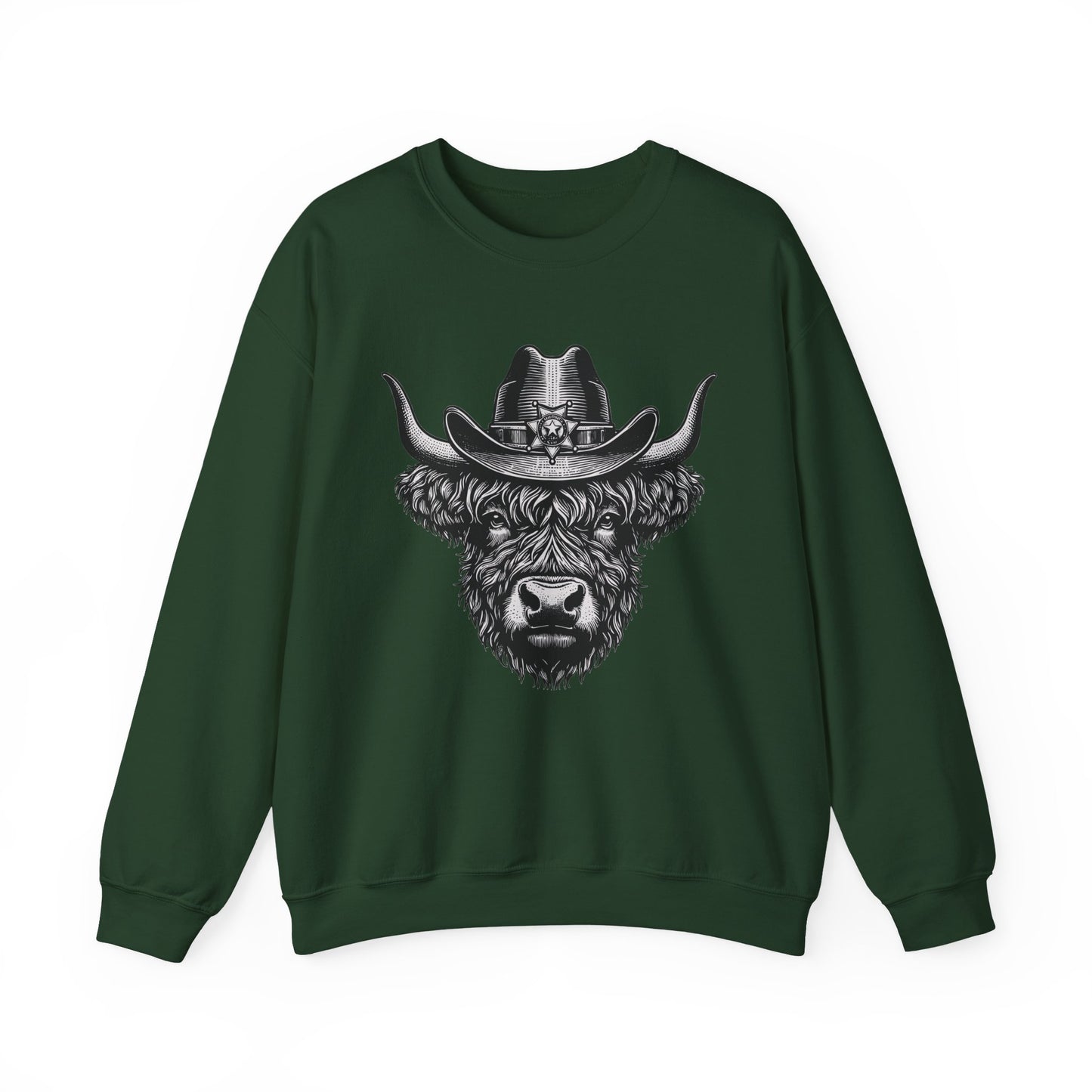 Forest green Highland cow cowboy hat sweatshirt with vintage engraved cow in a sheriff hat