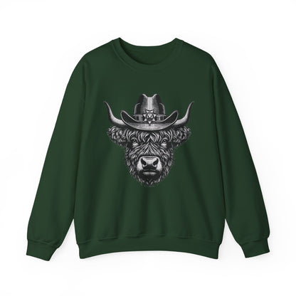 Forest green Highland cow cowboy hat sweatshirt with vintage engraved cow in a sheriff hat