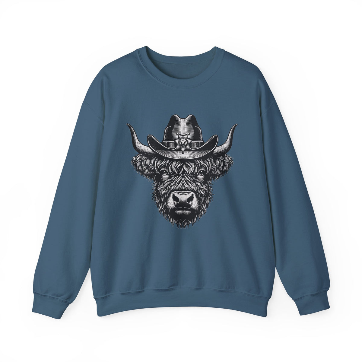 Indigo blue Highland cow cowboy hat sweatshirt with vintage engraved cow in a sheriff hat