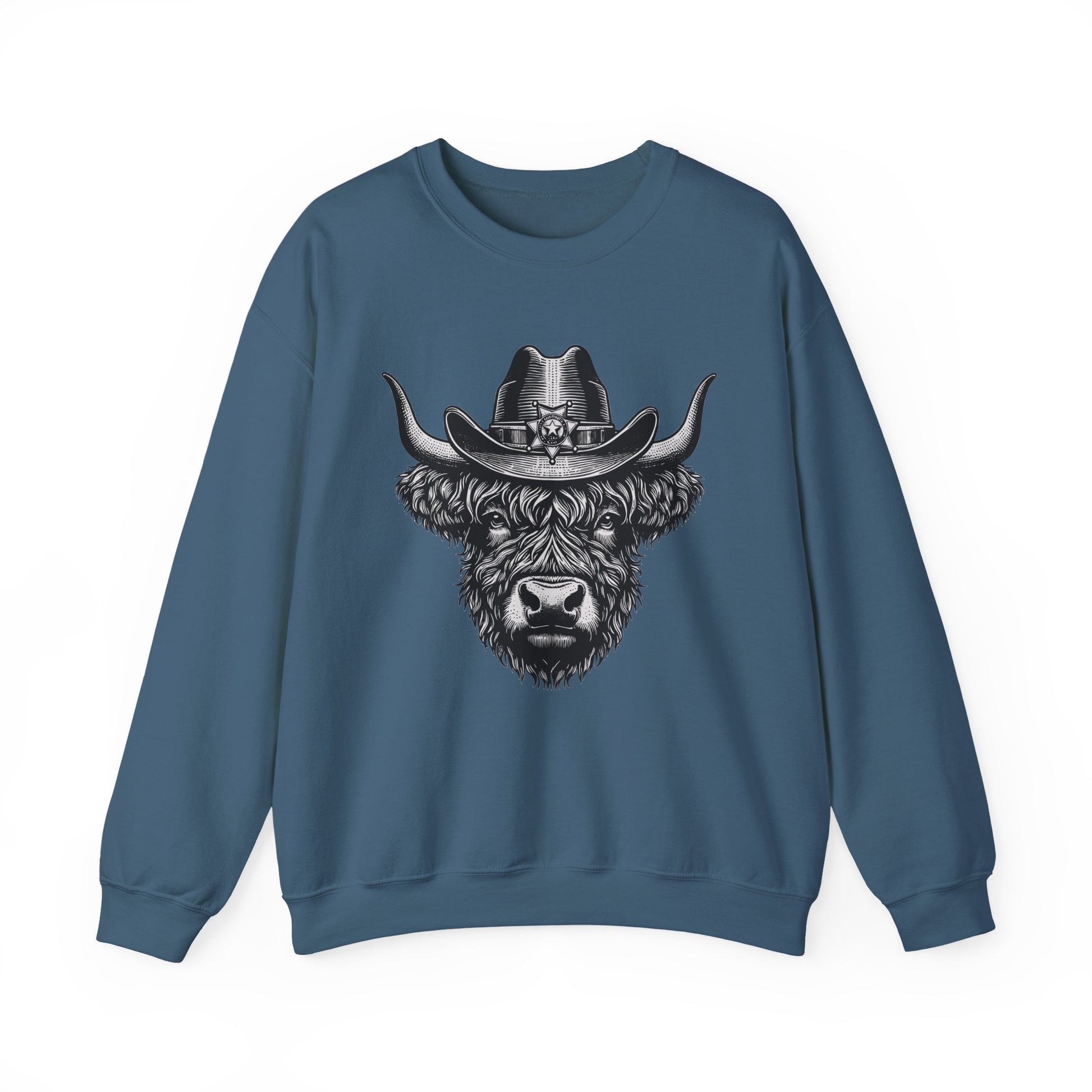 Indigo blue Highland cow cowboy hat sweatshirt with vintage engraved cow in a sheriff hat