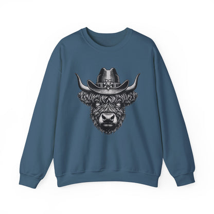 Indigo blue Highland cow cowboy hat sweatshirt with vintage engraved cow in a sheriff hat