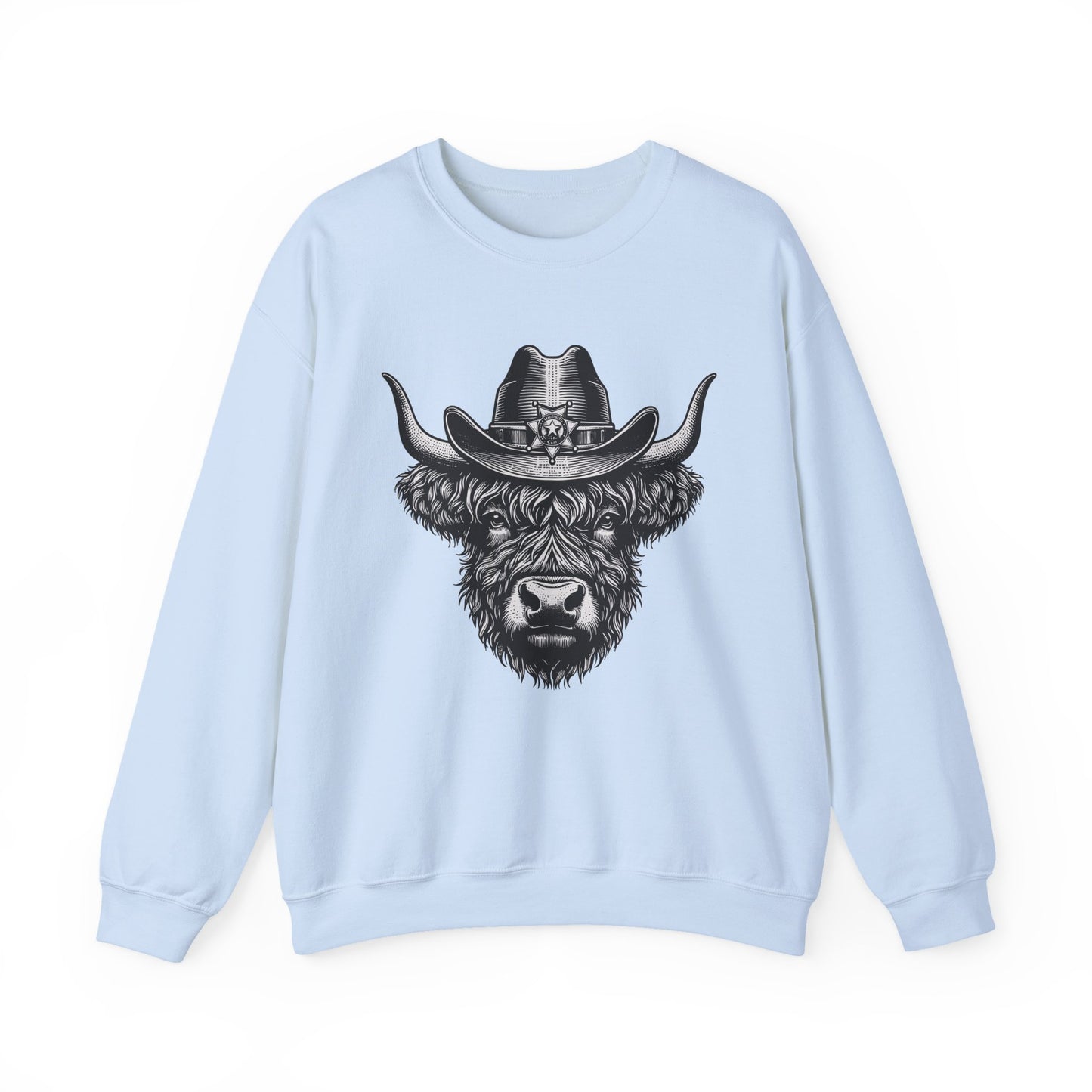 Light blue Highland cow cowboy hat sweatshirt with vintage engraved cow in a sheriff hat