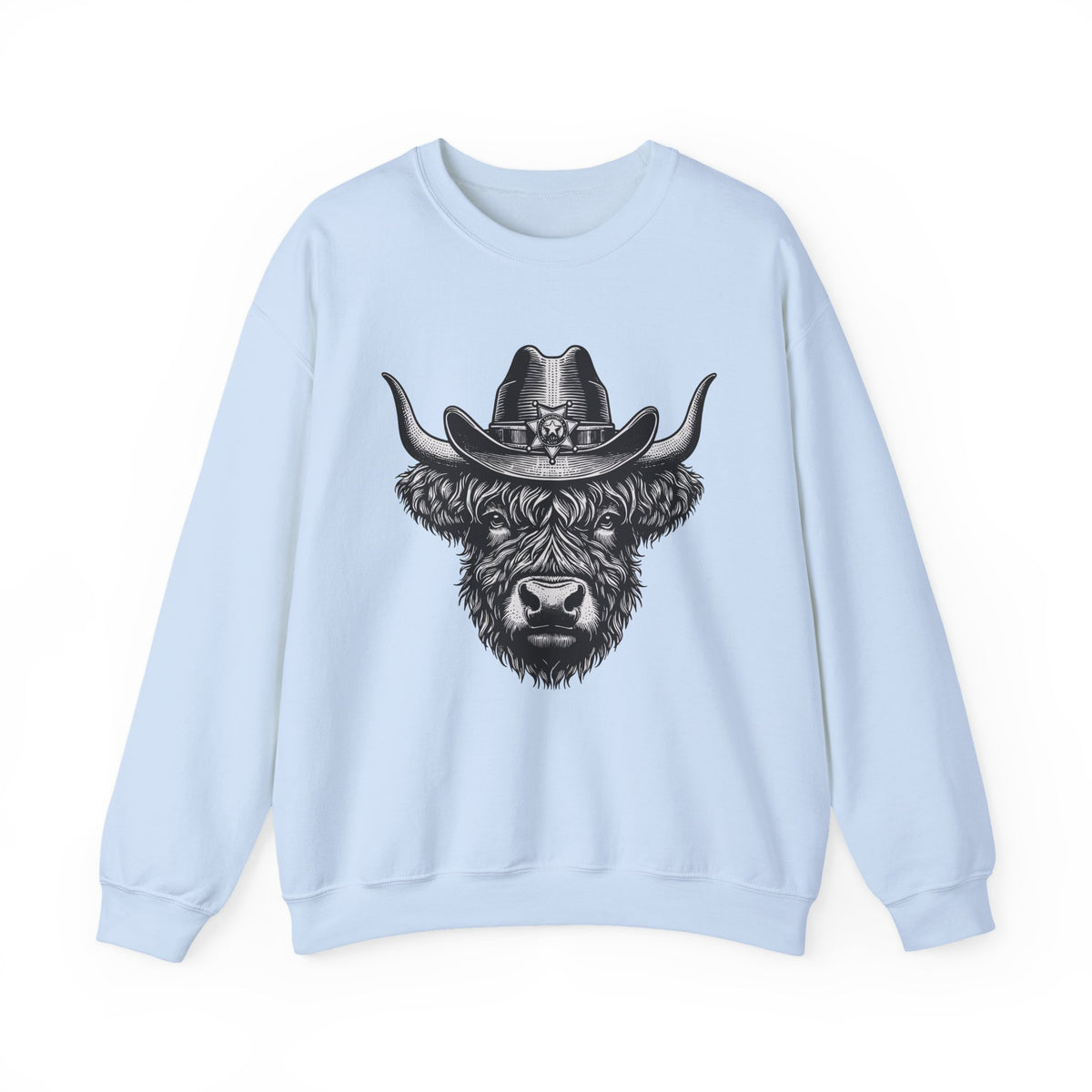 Light blue Highland cow cowboy hat sweatshirt with vintage engraved cow in a sheriff hat