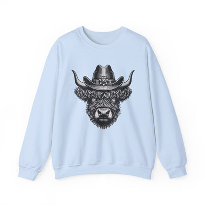 Light blue Highland cow cowboy hat sweatshirt with vintage engraved cow in a sheriff hat