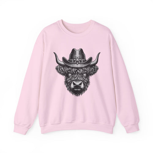 Light pink Highland cow cowboy hat sweatshirt with vintage engraved cow in a sheriff hat