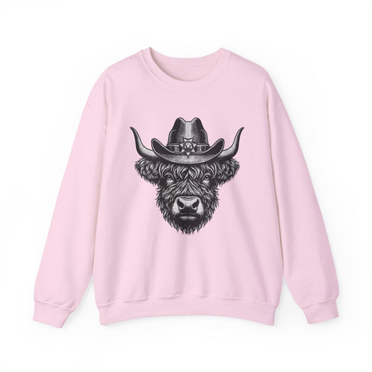 Light pink Highland cow cowboy hat sweatshirt with vintage engraved cow in a sheriff hat