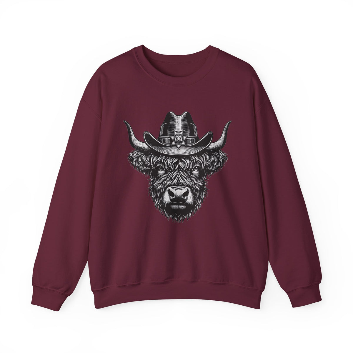 Maroon Highland cow cowboy hat sweatshirt with vintage engraved cow in a sheriff hat