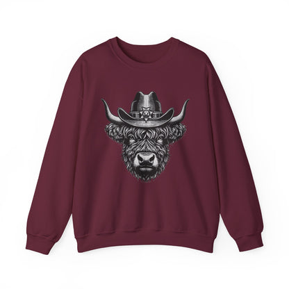 Maroon Highland cow cowboy hat sweatshirt with vintage engraved cow in a sheriff hat