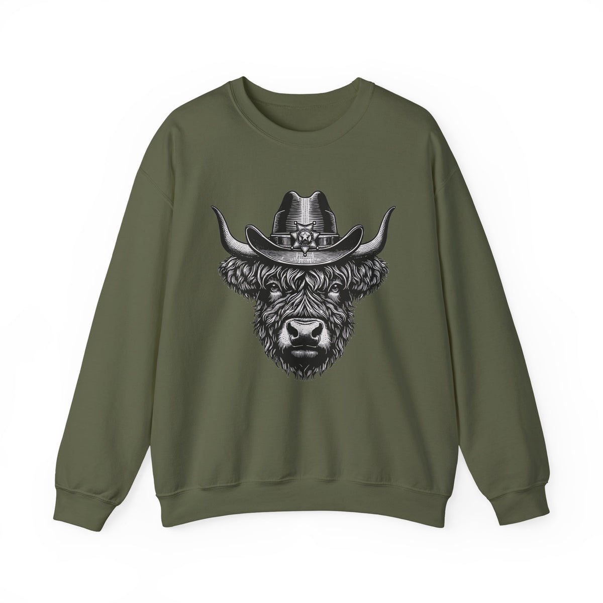 Military green Highland cow cowboy hat sweatshirt with vintage engraved cow in a sheriff hat