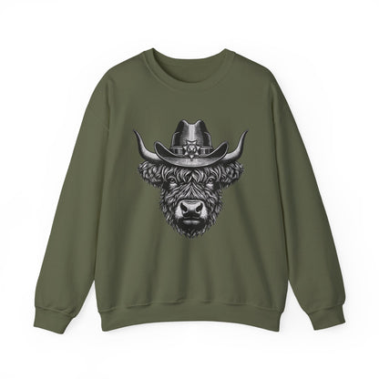 Military green Highland cow cowboy hat sweatshirt with vintage engraved cow in a sheriff hat