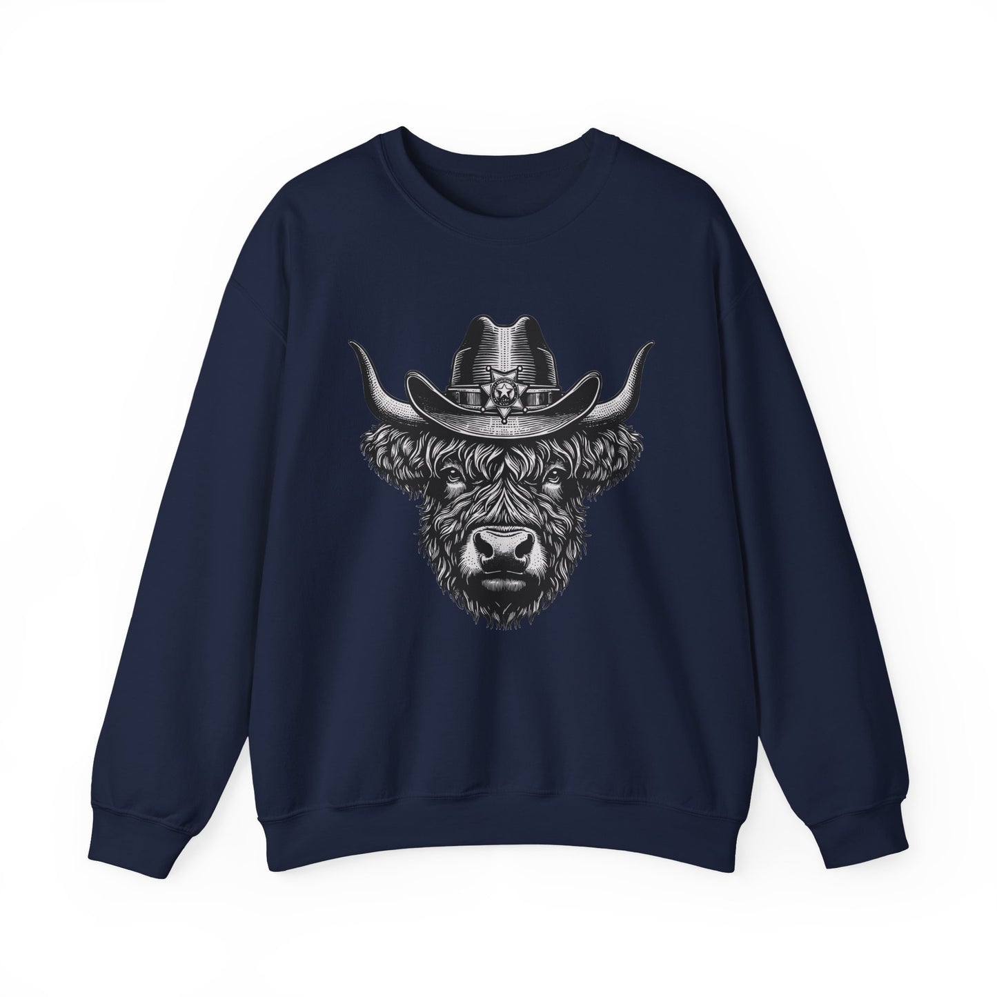 Navy Highland cow cowboy hat sweatshirt with vintage engraved cow in a sheriff hat