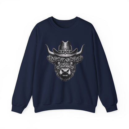 Navy Highland cow cowboy hat sweatshirt with vintage engraved cow in a sheriff hat