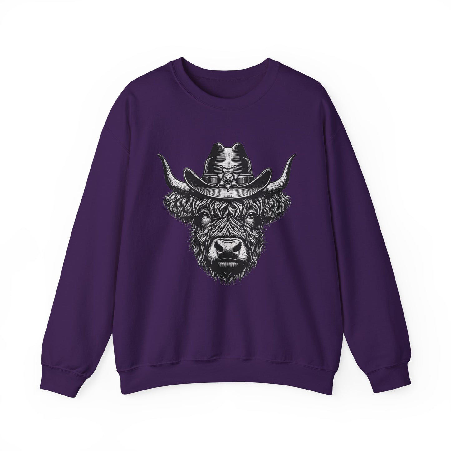 Purple Highland cow cowboy hat sweatshirt with vintage engraved cow in a sheriff hat