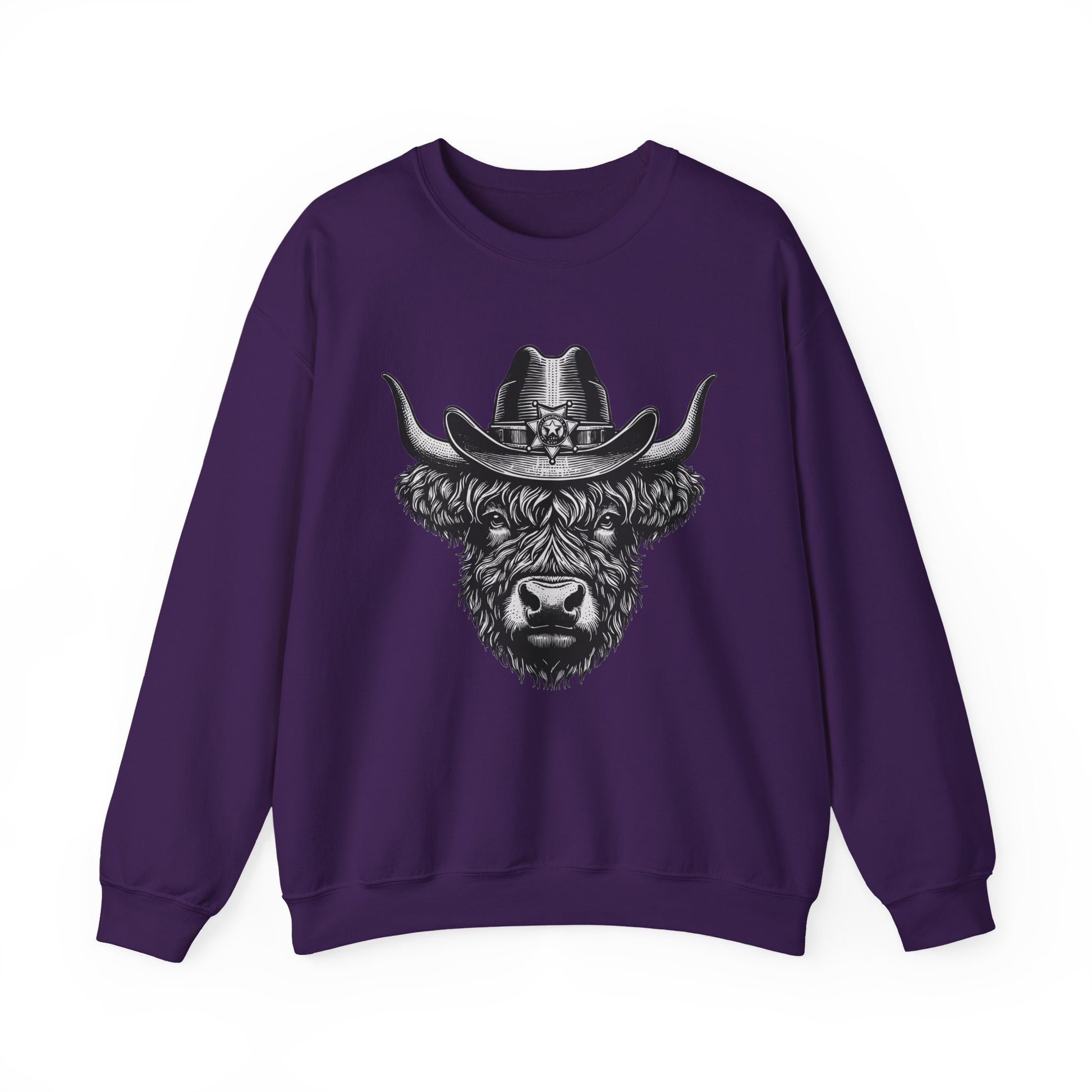 Purple Highland cow cowboy hat sweatshirt with vintage engraved cow in a sheriff hat