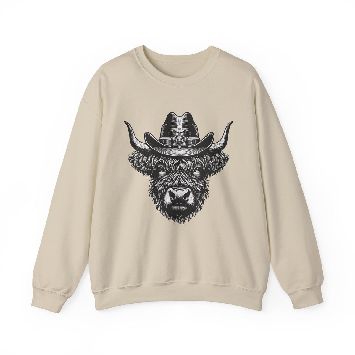 Sand Highland cow cowboy hat sweatshirt with vintage engraved cow in a sheriff hat