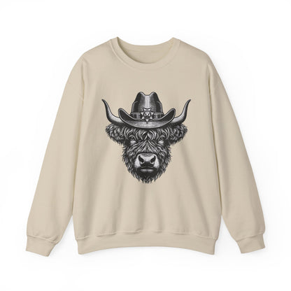 Sand Highland cow cowboy hat sweatshirt with vintage engraved cow in a sheriff hat