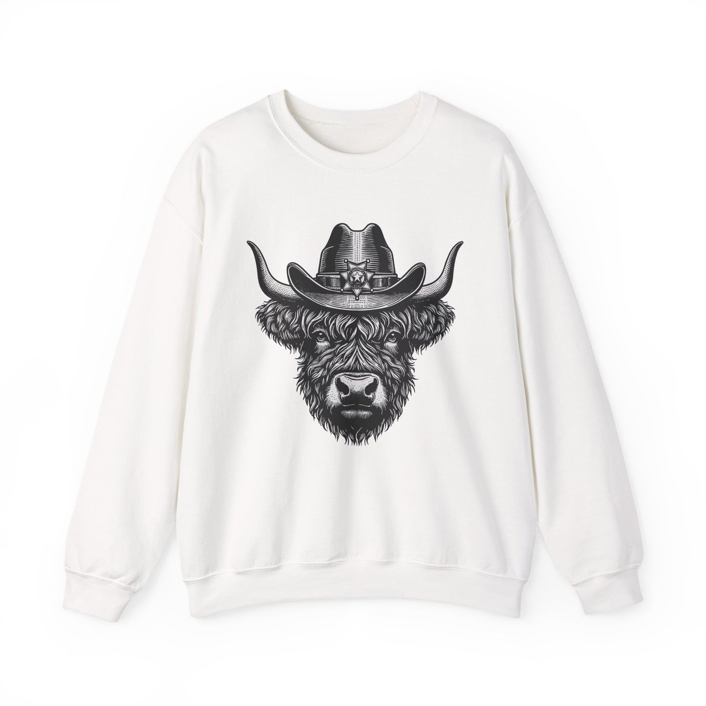 White Highland cow cowboy hat sweatshirt with vintage engraved cow in a sheriff hat