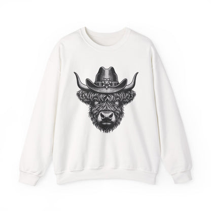 White Highland cow cowboy hat sweatshirt with vintage engraved cow in a sheriff hat