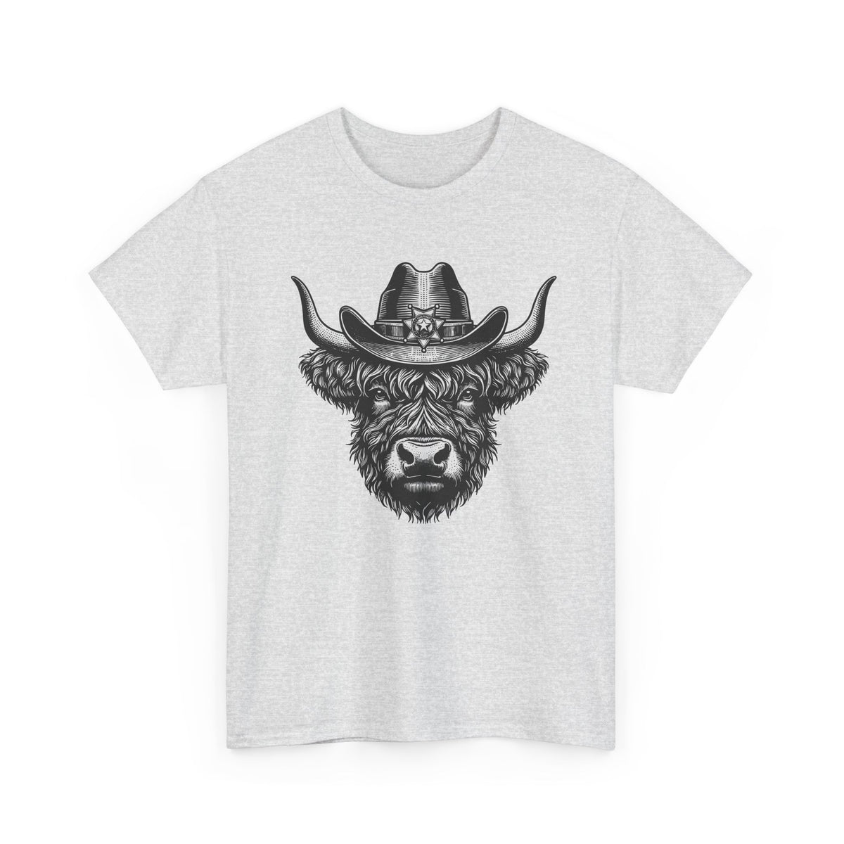Ash grey Highland cow cowboy hat t-shirt with vintage engraved cow in a sheriff hat