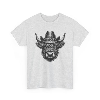 Ash grey Highland cow cowboy hat t-shirt with vintage engraved cow in a sheriff hat