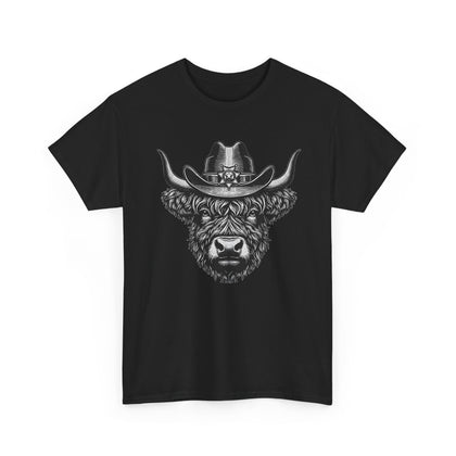 Black Highland cow cowboy hat t-shirt with vintage engraved cow in a sheriff hat