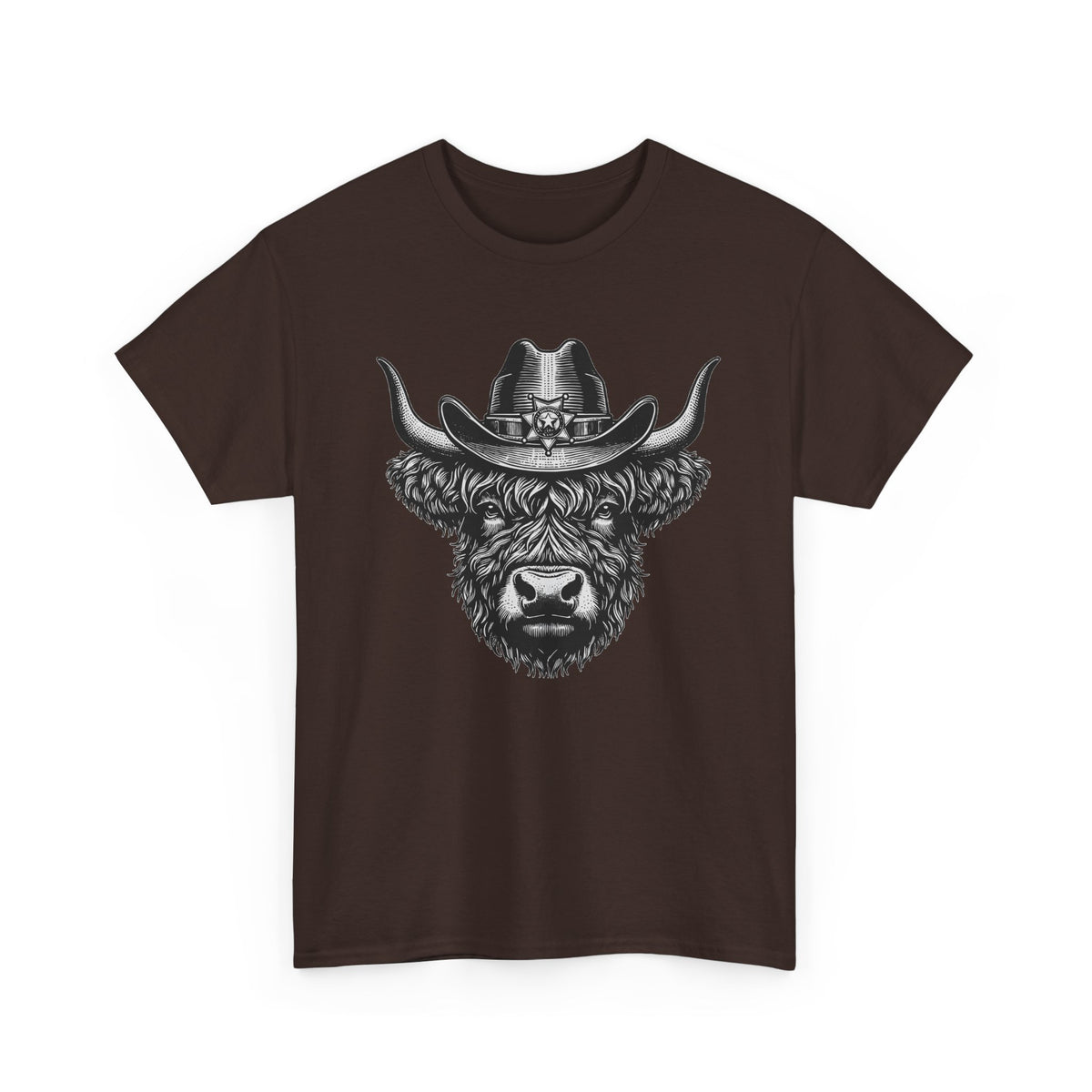 Dark chocolate Highland cow cowboy hat t-shirt with vintage engraved cow in a sheriff hat