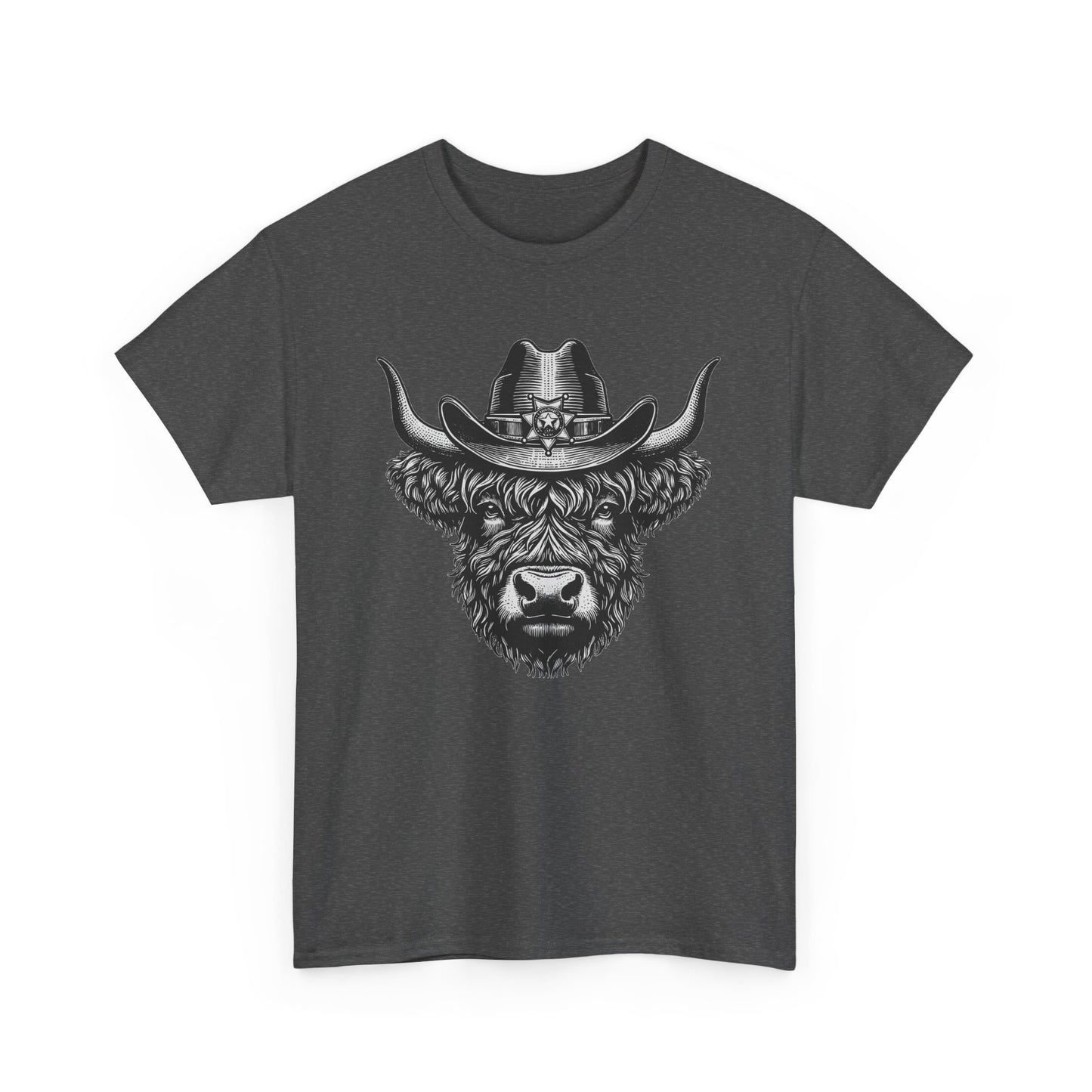 Dark heather Highland cow cowboy hat t-shirt with vintage engraved cow in a sheriff hat