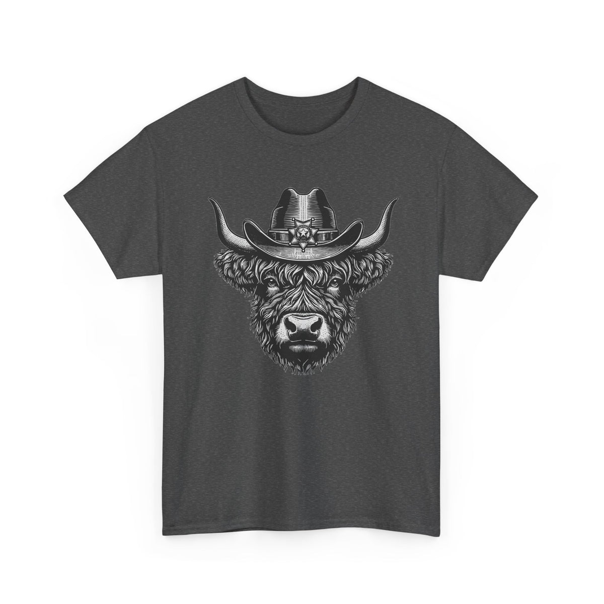 Dark heather Highland cow cowboy hat t-shirt with vintage engraved cow in a sheriff hat