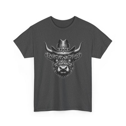 Dark heather Highland cow cowboy hat t-shirt with vintage engraved cow in a sheriff hat