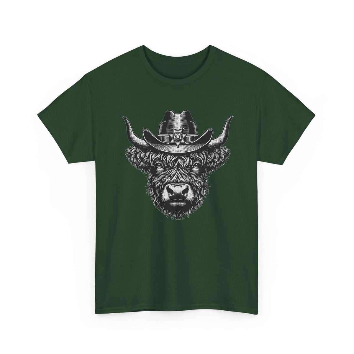 Forest green Highland cow cowboy hat t-shirt with vintage engraved cow in a sheriff hat