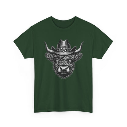 Forest green Highland cow cowboy hat t-shirt with vintage engraved cow in a sheriff hat